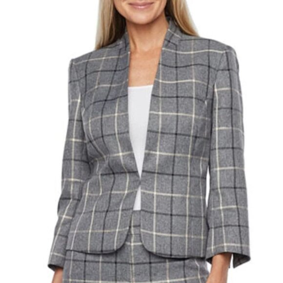 Eva & Picone Black Label Womens Plaid Open Front Blazer Gray Size 6 - Picture 1 of 9